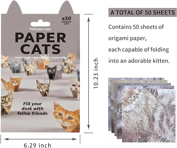 TOSKFJ Treayes 3D Cat Origami Paper, 50 Sheets DIY Craft Paper for Eveyrone, Fun Creative Art Project, Cute Desk Decor & Gift for Cat Lovers