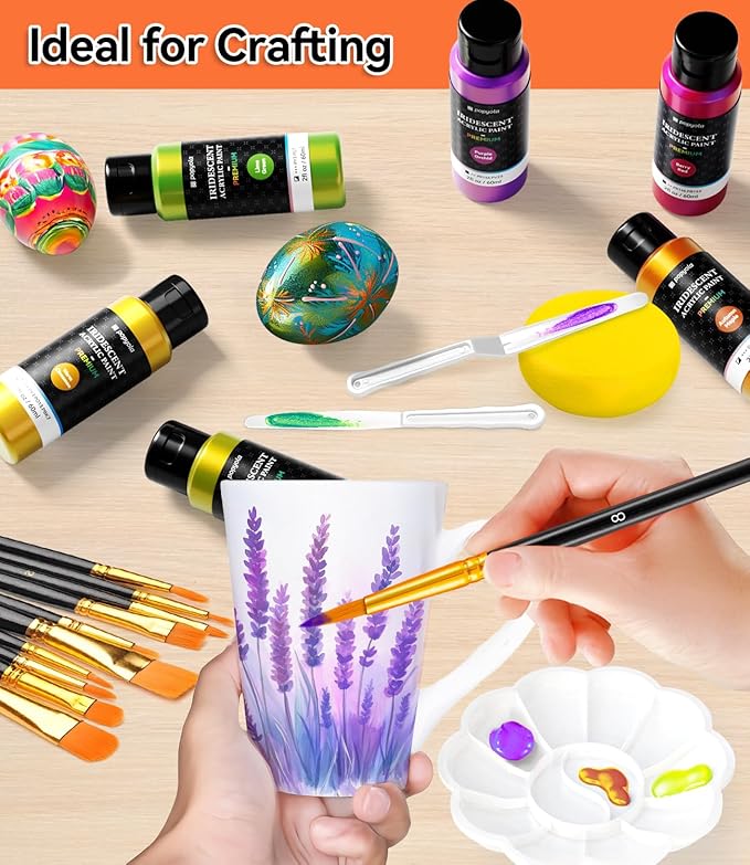 40 PCS Iridescent Acrylic Paint Set with 12 Brushes, 2 Knives & Palette, 24 Colors (2oz/60ml) Art Craft Paint for Adults Kids Artists Beginners, Canvas Ceramic Rocks Wood Painting Kit Art Supplies