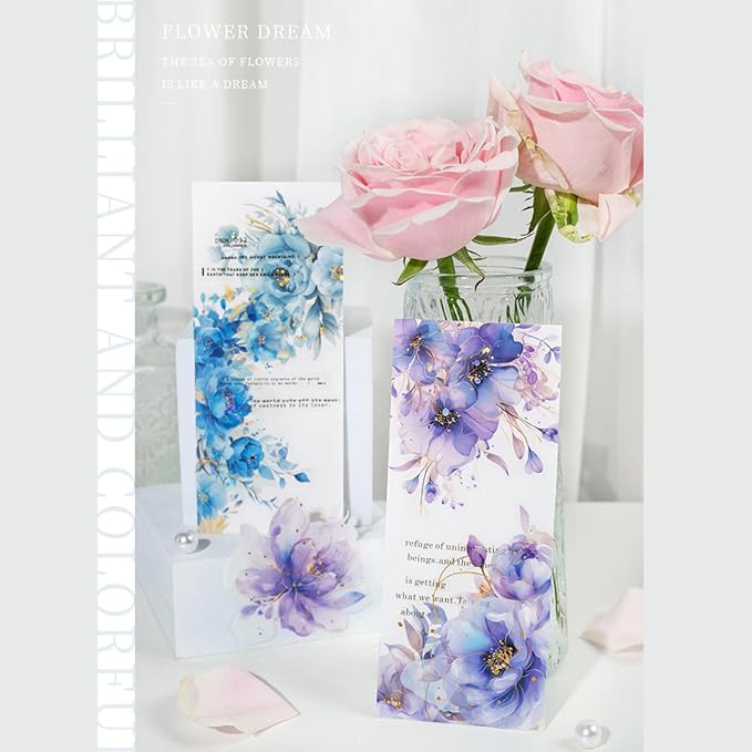 60pcs Watercolor Flower Stickers, PET Transparent Gold Foil Floral Scrapbooking Supplies, Vintage Floral Decals for Journaling, Card Making, DIY Crafts, Planners, Collage, Albums