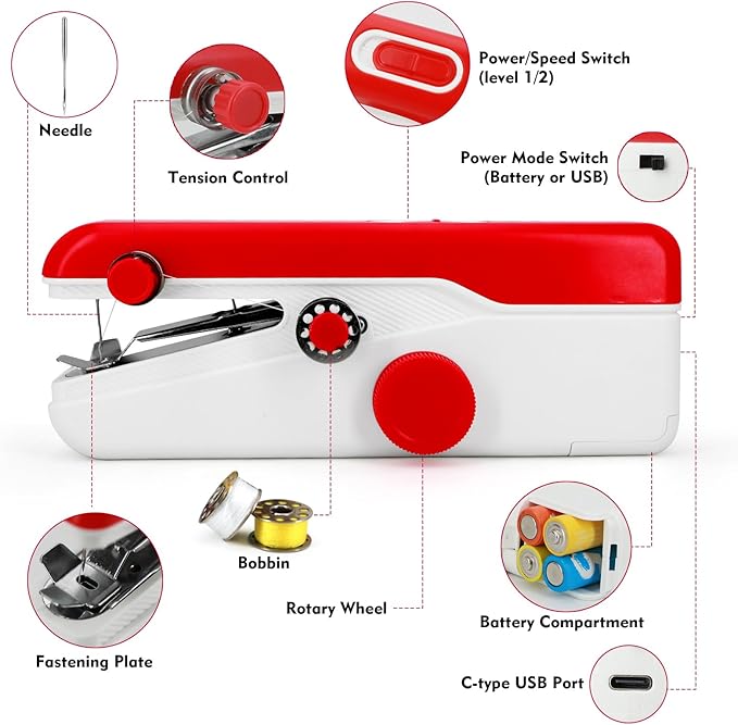 Handheld Sewing Machine, Mini Portable Sewing Machine for Beginners, Electric Fast Stitching, DIY Fabric Clothes Repair Kit, Home Travel Mending Machine with Accessories