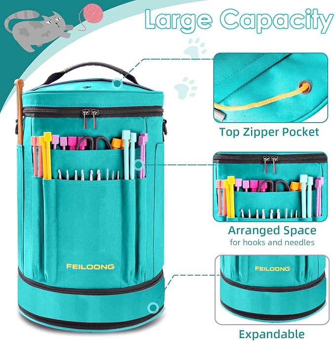 Expandable Large Crochet Bag, Zippered Yarn Storage Organizer & Knitting Tote Bag with Multiple Pockets, Craft Accessories Case, Gift for Crafters