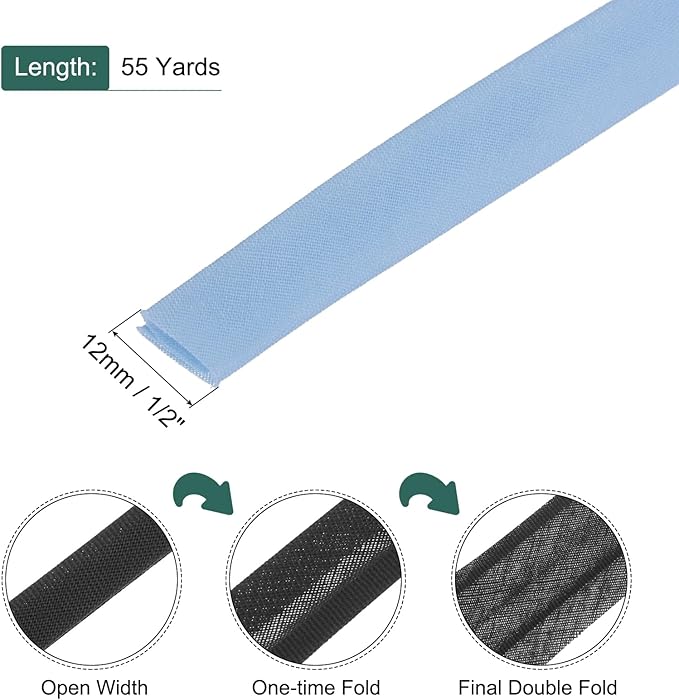MECCANIXITY 1/2 Inch Double Fold Bias Tape Polyester Continuous Bulk Bias Tape for Sewing,Seaming Quilting Hemming Binding Crafts (Light Blue 55 Yards)