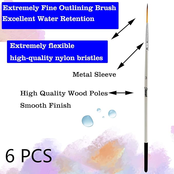 Script Liner Paintbrush 6 PCS Highly Flexible Liner Brush Extra Long Fine Point Tip Pinstriping Scroll Outlining Brush for Acrylic Watercolor Oil Gouache