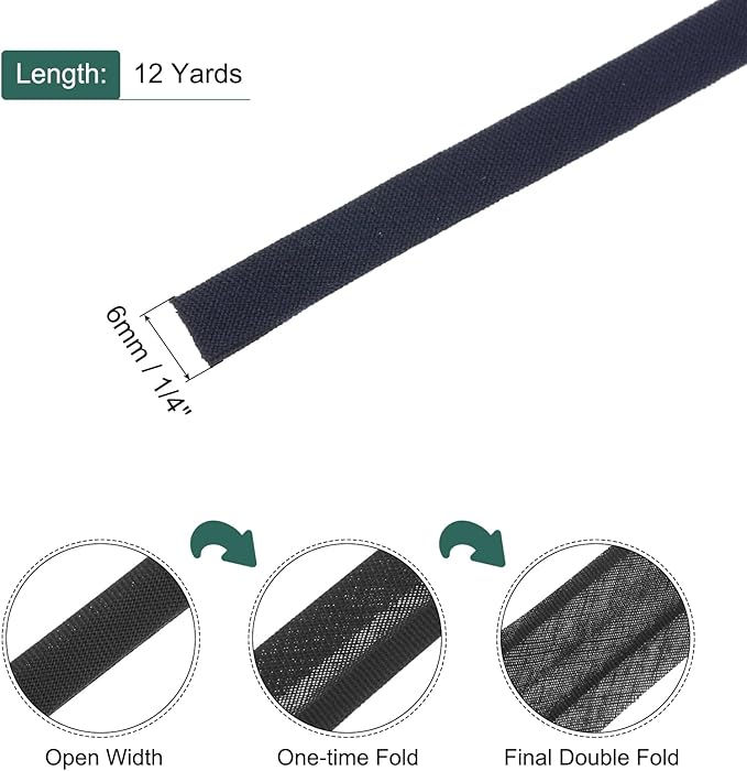 MECCANIXITY 1/4 Inch Double Fold Bias Tape Cotton Continuous Bulk Bias Tape for Sewing,Seaming Quilting Hemming Binding Crafts (Navy Blue 12 Yards)