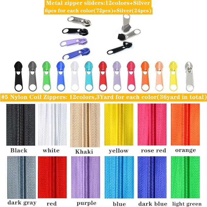 36 Yards 12Pieces #5 Zippers by The Yard for Sewing Assorted Lengths Nylon Coil Zippers with 96 Pcs Colorful and Silver Sliders for Mixed Supplies for Tailor Bag Clothing Pillow DIY Craft (12Colors