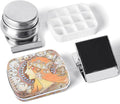 Portable Mini Tin Box,12-Well Empty Watercolor Palette,Small Paint Storage Travel Artist Outdoor Sketch Watercolor Kits with Magnetic Clip and Oil Pot.Mucha