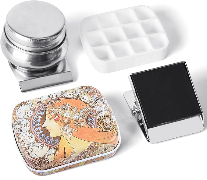 Portable Mini Tin Box,12-Well Empty Watercolor Palette,Small Paint Storage Travel Artist Outdoor Sketch Watercolor Kits with Magnetic Clip and Oil Pot.Mucha