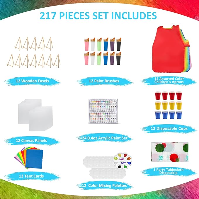 Rabbitale 217 Pcs Art Painting Kit Supplies Set for to Party - 120 Paint Brushes, 24 Acrylic Paints, 12 Wood Easels & Canvas Panels & Palettes & Aprons & Wash Pen Cup, 1 Plastic Tablecloth