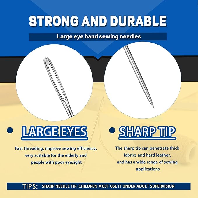 35 Pcs Large Eye Sewing Needles, 7 Size Sewing Sharp Needles for Handsewing, Leather Embroidery Thread Needle, Stainless Steel Yarn Knitting Needle with Threader, Thimble for Crafts, Repair, Quilting