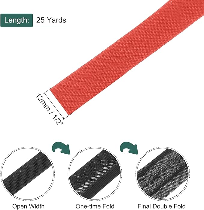 MECCANIXITY 1/2 Inch Double Fold Bias Tape Polyester Continuous Bulk Bias Tape for Sewing,Seaming Quilting Hemming Binding Crafts (Red 25 Yards)