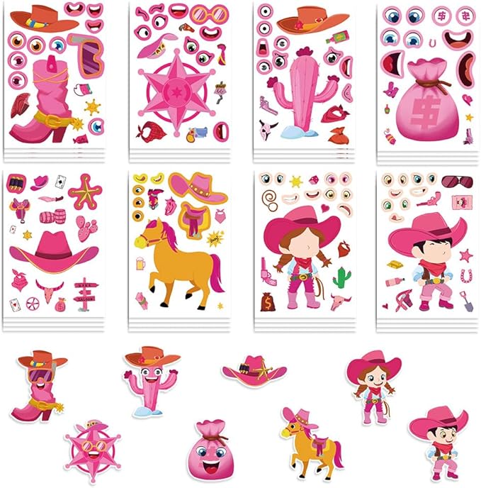 24 Sheets Pink Western Make-a-Face Stickers – DIY Cowboy & Cowgirl Character Collage Stickers for Scrapbooking Journaling Planner Decoration