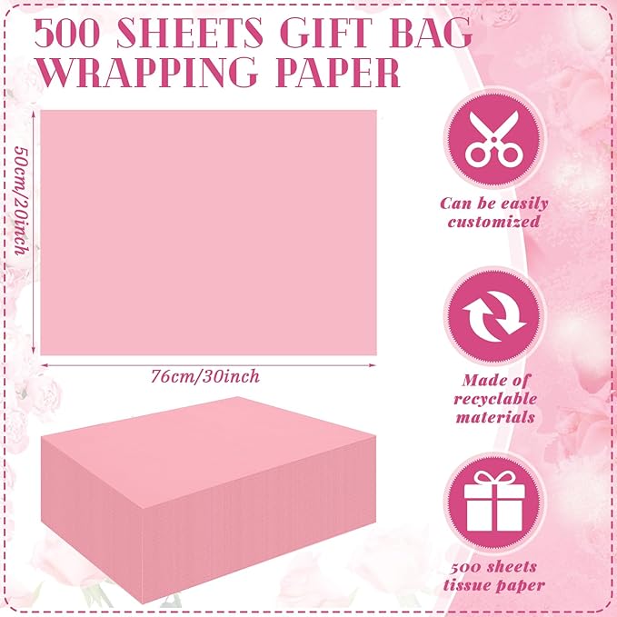 Qilery 500 Sheets Light Pink Tissue Paper Bulk for Gift Bags 20 x 30 Inch Acid Free Packaging Wrapping Paper Sheets for Valentine's Day Decoration DIY Crafts, Wedding, Packing Supplies for Moving