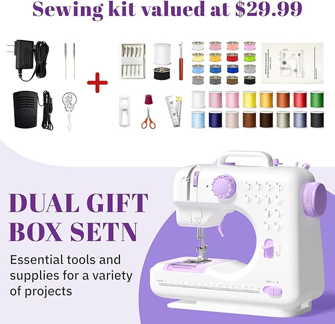 Beginner Sewing Machine, 12 Built-in Stitches with Foot Pedal, 2-Speed Control, Portable Mini Sewing Machine for Home Travel Use & Sewing Enthusiasts (purple)