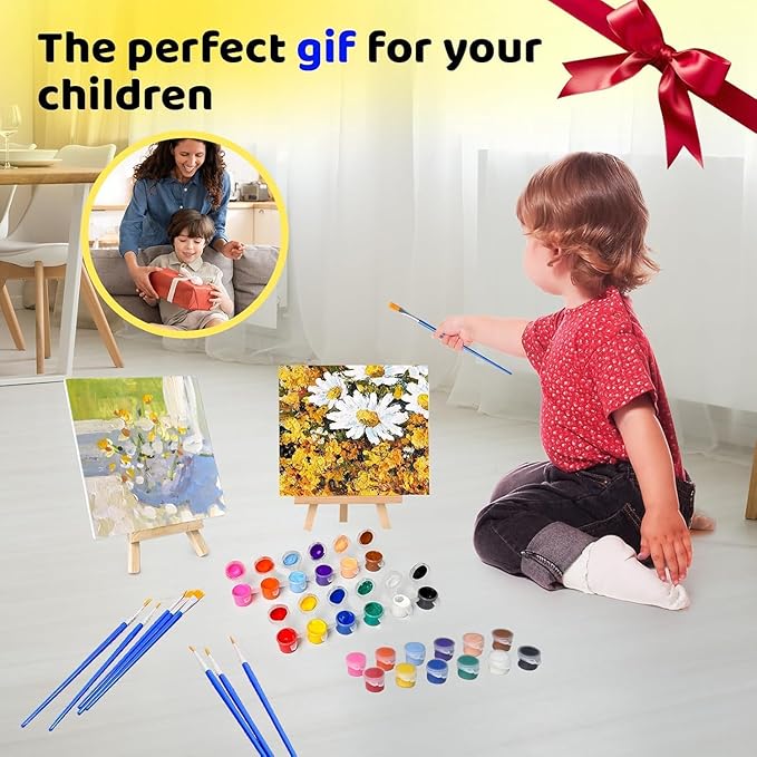 8 Set Mini Acrylic Paint Set, Mini Canvas Painting Kit, Small Canvas with Easel, Acrylic Paints,Brush, Minis Easel with Canvases for Kids Adults Classroom Birthday Painting Party (6 x 8Inch)