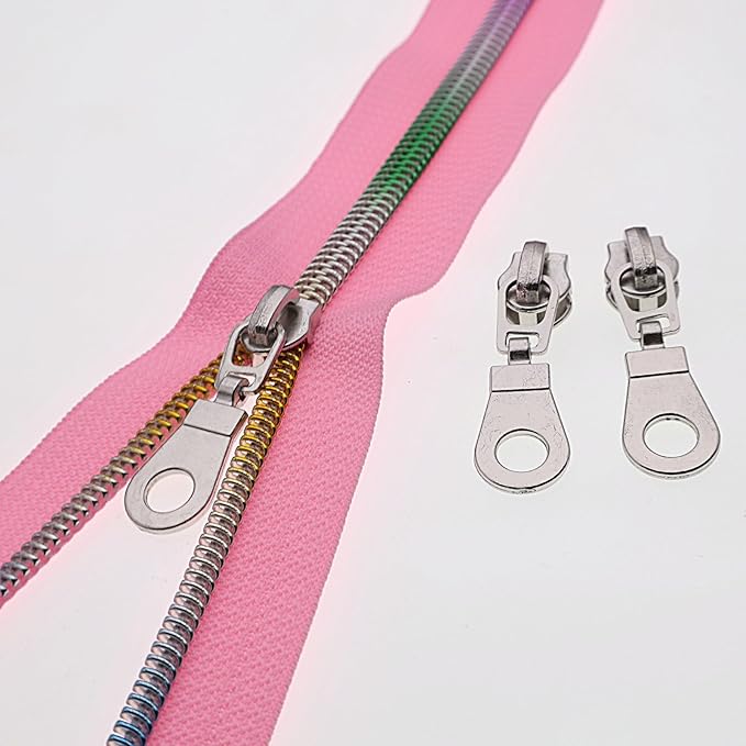 #5 Colorful Metallic Nylon Coil Zipper by Yard,Pink Zipper Tape Bulk 10 Yards with 25pcs Silver Pull for DIY Sewing Craft Bag YIGUANXIN