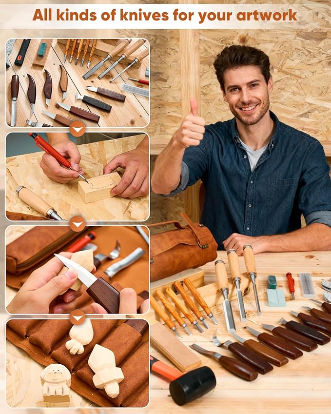 Deluxe Wood Carving Kit, 25 Piece Wood Carving Tools with Thick Leather Storage Bag,Wood Whittling Tools -Ideal Woodworking Tools and Hobbies for Beginners Enthusiasts Kids Gift DIY