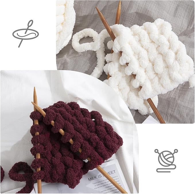 HOMBYS 8 Pack Assorted Chunky Yarn for Crocheting,Super Bulky Large Soft Fluffy Yarn,Plush Fuzzy Yarn,Thick Chenille Yarn for Hand Knitting/Arm Knitting,4 Cream & 4 Wine Red(27yds,8 oz Each Skein)