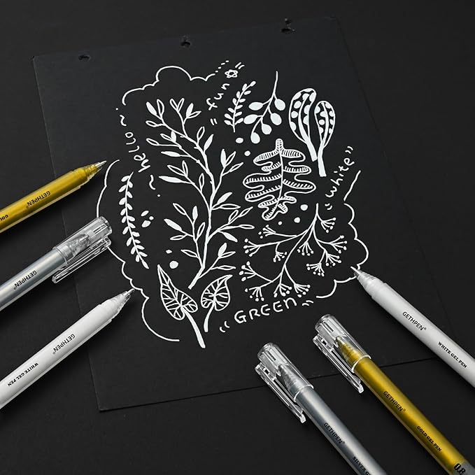 white ink pen 3 Colors 0.8mm Extra Fine Point 6-Pack Gel Pen Set – White, Gold & Silver Gel Ink Pens for Artists Drawing on Black Paper, Sketching, Bullet Journaling & Crafting