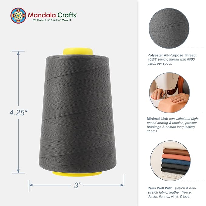 Mandala Crafts 4 Pack of Serger Threads Cones Spools - 40S/2 24000 Yards Polyester Charcoal Gray Threads for Sergers Machine and Overlock Quilting Sewing Machine
