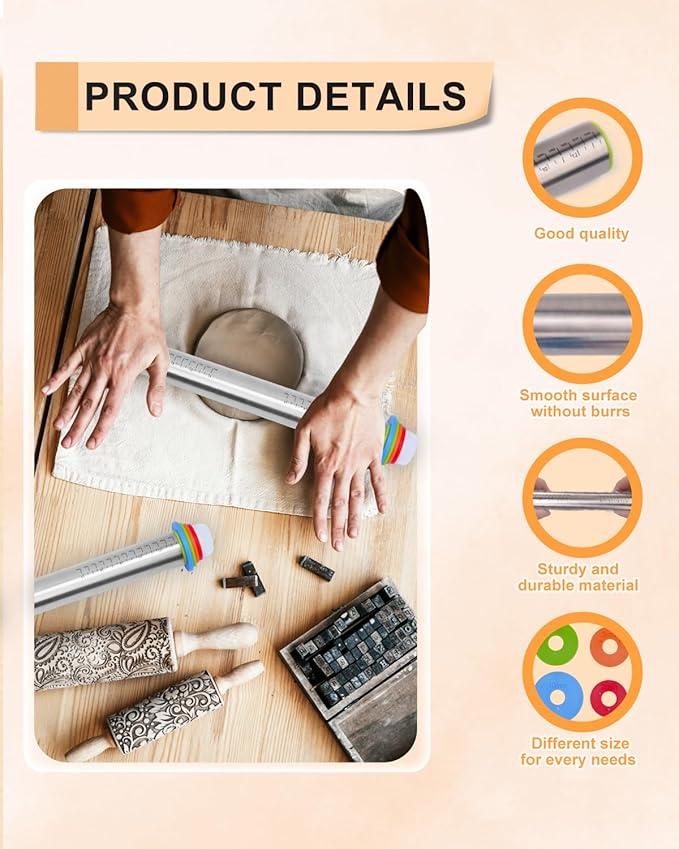 eZAKKA Adjustable Rolling Pin with Thickness Rings, 17inch Clay Pottery for Clay Tools, Pottery Tools with Clay Slab Roller & Clay Guides Sticks