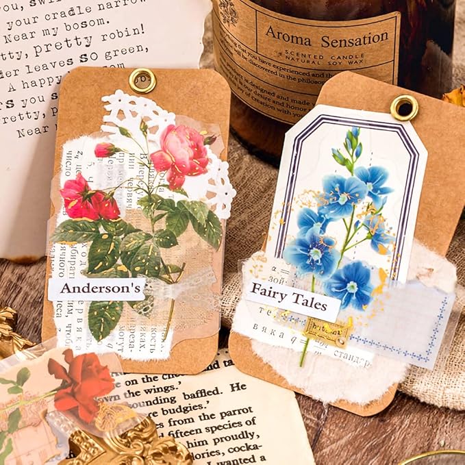 180PCS Gold Foil Vintage Botanical Flower Scrapbook Stickers, Clear Wildflower Sticker Pack for Journaling, Planner, Craft Supplies, Gift Wrapping