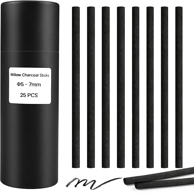 Willow Charcoal Sticks, Natural Willow Charcoal Pencils for Artists, Beginners, Students, Great for Sketching, Drawing, and Shading, Pack of 25 (5-7, Millimeters)