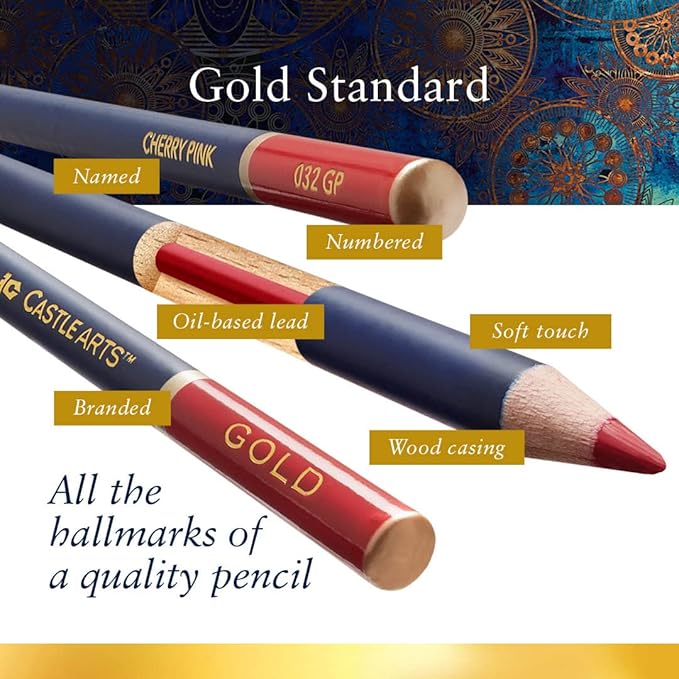 Castle Art Supplies Gold Standard 72 Colouring Pencils Set with Extras | Quality Oil-based Coloured Cores Stay Sharper, Tougher Against Breakage | For Adult Artists, Colourists | In Zipper Case