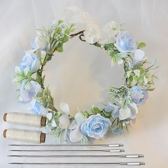17 Pcs Lei Needle Kit Include 8 Pcs Stainless Steel Long Needle 8 Rolls Lei Needle Twine 1 Sewing Scissors 4.1inch for DIY Graduation Hawaiian Malay Flower Lei Craft Making