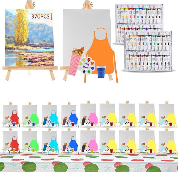 Rabbitale 370 Pcs Art Painting Kit Supplies Set for Party - 200 Paint Brushes, 48 Acrylic Paints, 20 Wood Easels & Canvas Panels & Palettes & Aprons & Wash Pen Cup, 2 Plastic Tablecloth