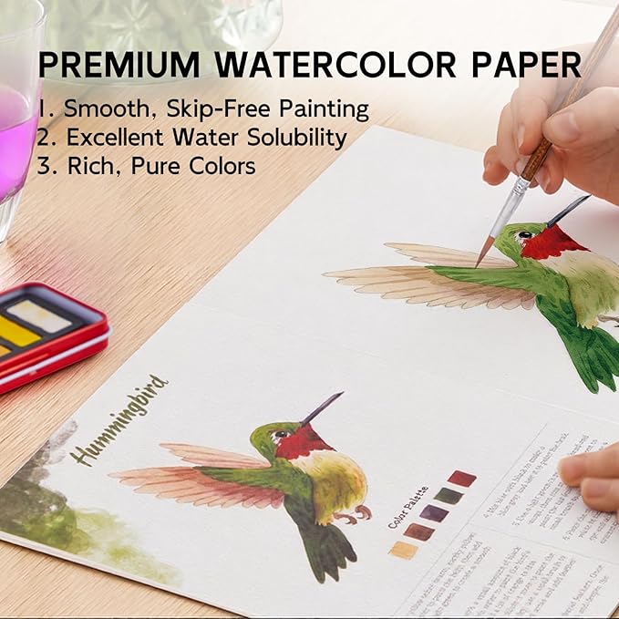 Watercolor Workbook, Water Coloring Book, Beginner Friendly Water Painting Book, Watercolor Sketchbook Paint Book with 12-Color Paint Set & Brush for Adults and Teens(Birds)