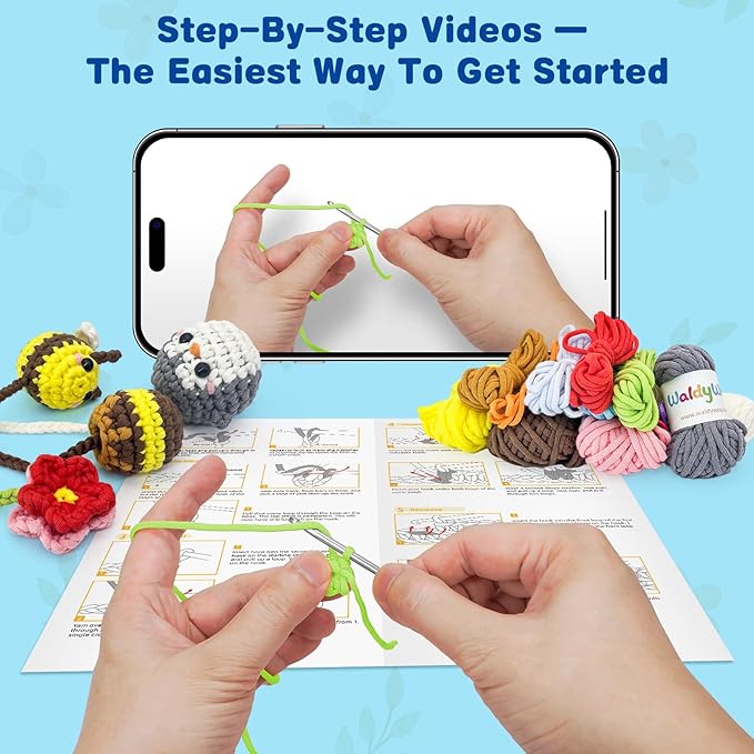 WaldyWop Crochet Kit for Beginners: 3 Animal & Flower Bookmarks Knitting Kits for Girls w/Easy Yarn, Crochet Hook & Easy Video Tutorials-Wobbles Crochet Animal Kit for Adults, Birthday Gifts for Women