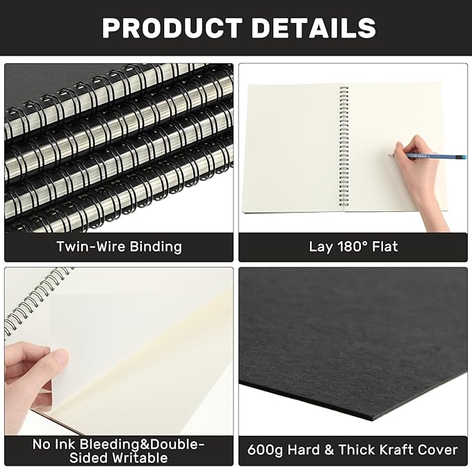 Gueevin 24 Pack Sketch Books Bulk 7.5" x 10" Spiral Bound Sketch Pads for Drawing Hardcover 60 Sheets Bulk Sketchbooks for Artist Adult Art Supplies Pencil Pastel,100gsm (Black)