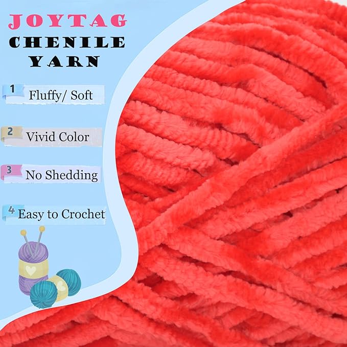 Velvet Chenille Yarn for Crocheting Red Velvet Fluffy Plush Thick Bulky Chunky Chenille Soft Baby Blanket Yarn for Crocheting Hand Knitting 100g-Red