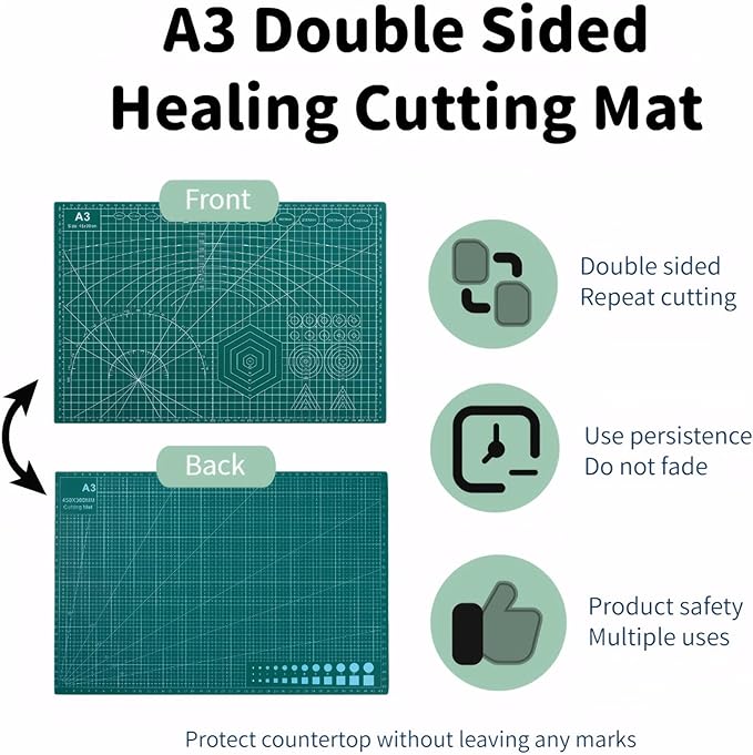 Self Healing 18"X12" Cutting Mat, A3 Sewing Mat Rotary Double Sided Thickened Mats for Crafts, for Sewing Crafts Hobby Fabric Precision Scrapbooking Project,Green 2 Pcs