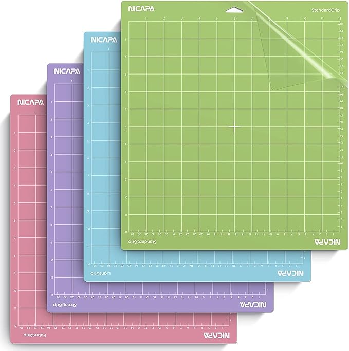 Nicapa Replacement Cutting Mat(12x12 inch） for Cricut Maker /3/Explore 3/Air /2/One (4pack-Standardgrip、Lightgrip、Stronggrip、Fabrigrip) Adhesive&Sticky Non-Slip Flexible Square Gridded Cut Mats Set