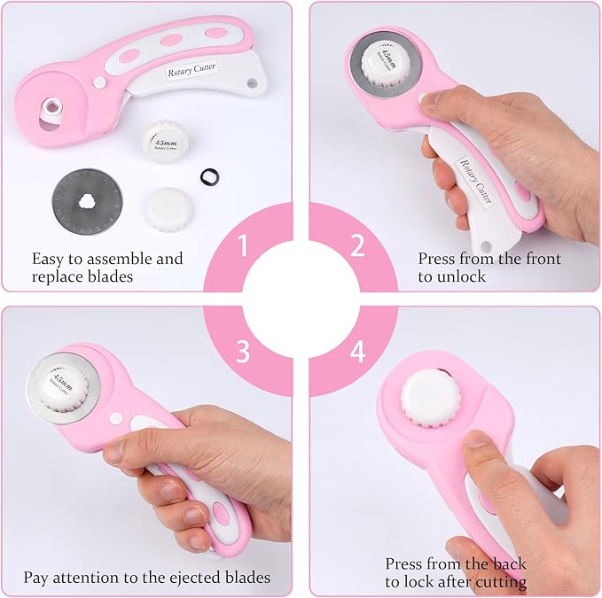 45mm Rotary Cutter for Fabric, Fabric Cutters with 5pcs Extra Rotary Blades, Roller Cutter Set for Sewing, Quilting, Leather & Craft Projects (Pink)