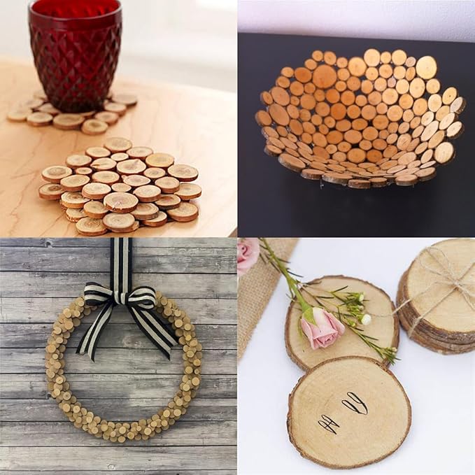 100 Pcs Wood Slices, BetterJonny Round Under 3cm Log Discs Kit with Hole Unfinished Wooden Circles for DIY, Crafts, Wedding, Christmas Decoration