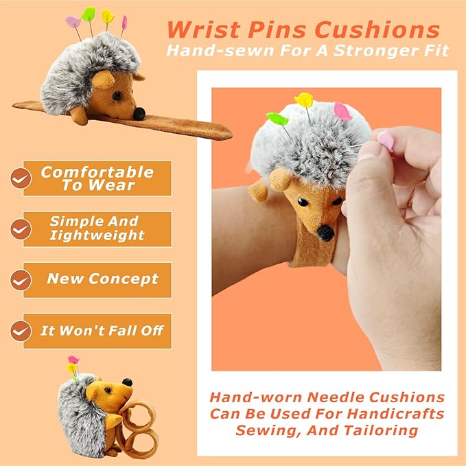 Cute Hedgehog Wrist Pin Cushion Kit for Sewing with 50 Lovely Bird Needles,Including Threader, Thimble ＆Tape Measure for Sewers Gift for Quilters.