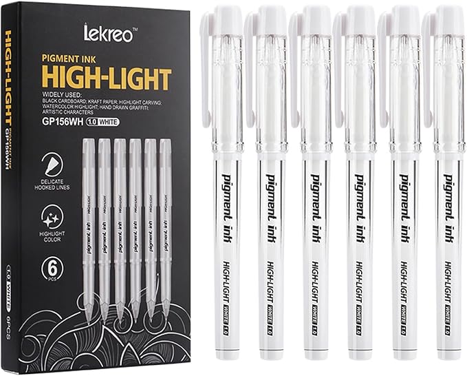 Gold Silver White Ink Gel Pens, 1mm Medium Fine Point, Opaque archival Ink Pen for Dark Paper Drawing,Sketching, Illustration, Card Making, Bullet Journaling (White Ink - 6 Packs)