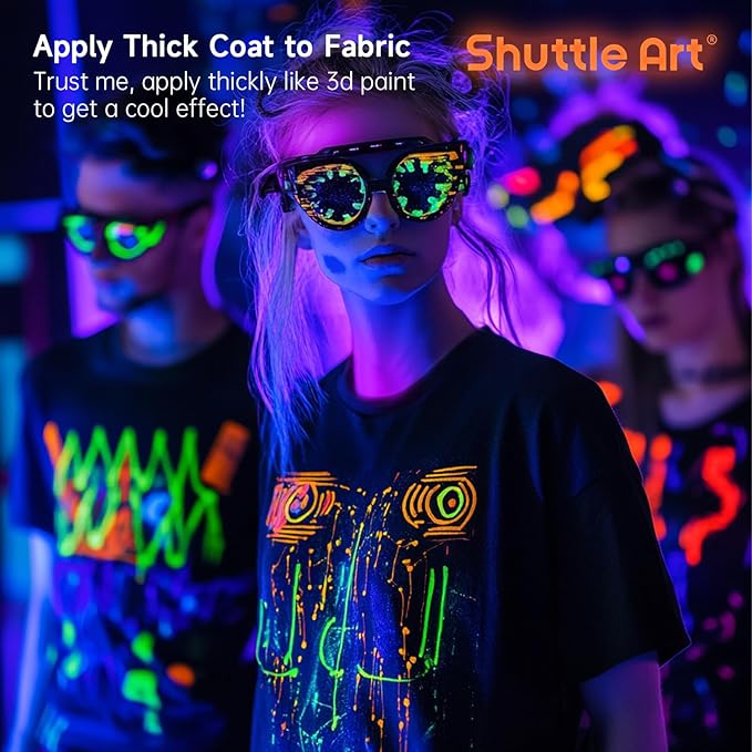 Shuttle Art Glow in the Dark Paint, 12 Colors with UV Light, 2oz/60ml Bottles, Ideal for Art Painting and Crafts, Great for Artists, Beginners on Rocks, Wood, Canvas, Fabric, and Halloween Decorations