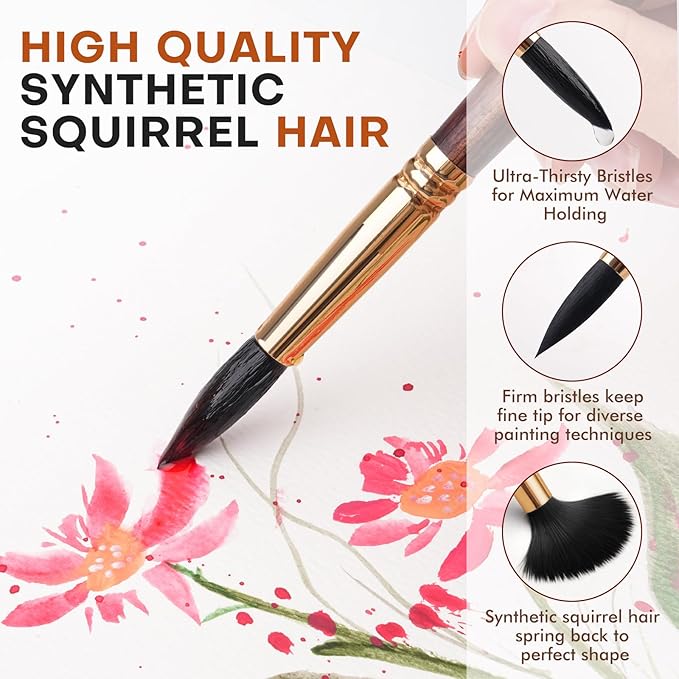 Watercolor Brushes Professional, Fuumuui 10Pcs Synthetic Squirrel Hair Water Color Paint Brush Set for Artists - Flat, Round Pointed, Dagger, Cats Tongue Oval Wash for Watercolor Gouache Inks Painting