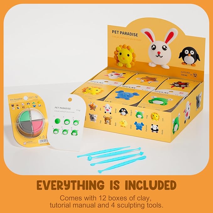Air Dry Clay Kit for Kids - 12 Boxes DIY Modeling Clay Set with Sculpting Tools & Tutorials, Super Light & Non-Toxic, Creative Art Crafts for Boys Girls Ages 5+ (Pet Paradise)