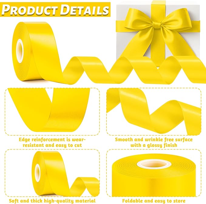 Fullive 1 1/2 Inch Yellow Ribbon, 30 Yards Ribbons for Crafts, Polyester Satin Ribbon for Gift Wrapping for Birthday Christmas Decorations Party Favor DIY Bows Floral Arrangements Wrapping Bouquet
