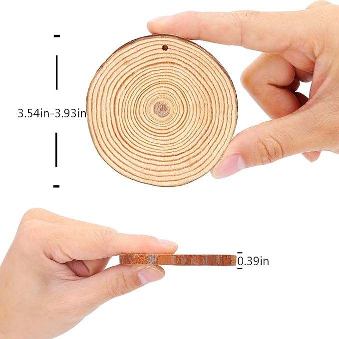 Artmag Natural Wood Slices 20pcs 3.5"-4" Unfinished DIY Crafts Predrilled with Hole Round Wooden Circles for Arts Rustic Wood Slices Christmas Ornaments Decor