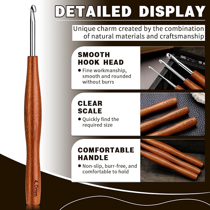 Nitlak 3 Pcs Crochet Hook, 3 Size Aluminum Ergonomic Crochet Hook with Wooden Handle for Arthritic Hands, Beginners, Crochet Needles for Knitting (4mm/5mm/6mm)