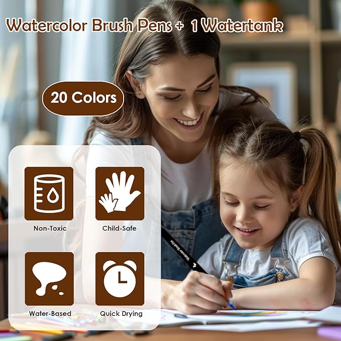 Watercolor Brush Pens Art Markers, Art Supplies 20Pcs Brush Marker Pens Colored Pens Script Paintbrush for Calligraphy with 1 Water Colouring Paintbrush Felt Tip Pen