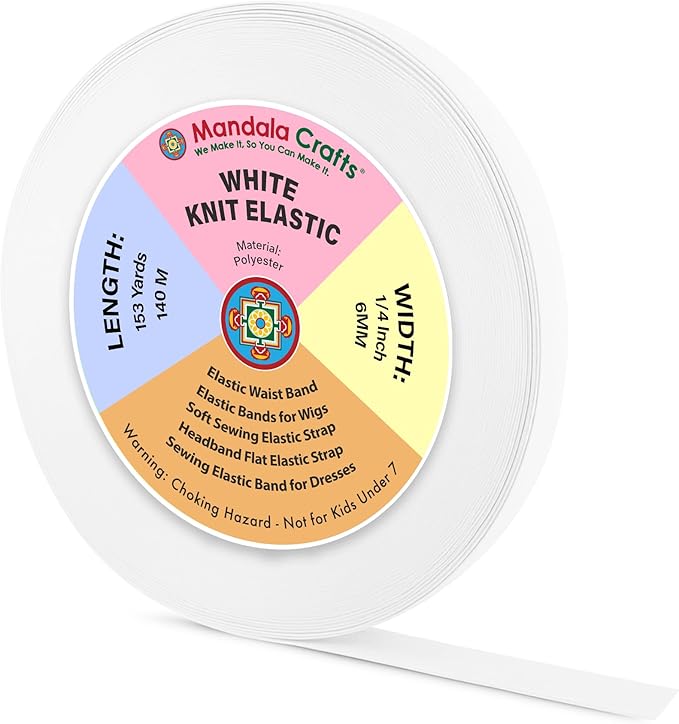 Mandala Crafts Wide 1/4 Inch White Elastic Bands Spool for Pants Waistbands Sewing and DIY Crafts, 153 YD Stretchy Flat Fabric Strap Knit Elastic Band for Wig