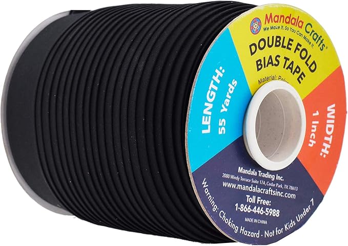 Mandala Crafts 55 Yards 1 Inch Black Double Fold Bias Tape for Sewing - Bias Binding Tape for Quilting Binding, Hemming, Seam, and Fabric Piping