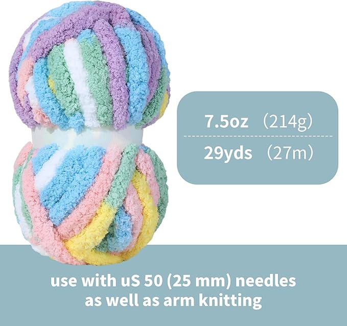 Hombys 8 Pack Giant Chunky Yarn for Crocheting & Knitting - Super Bulky, Soft, Fluffy, Plush, Fuzzy, Thick Chenille Yarn - Tie Dye, Mixed Colors (Rainbow)