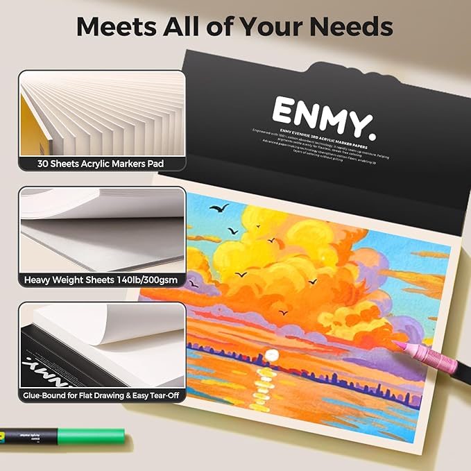 ENMY Acrylic Marker Sketch Pad, 7×4.9 Inch Bleed-Proof Marker Paper,140lb/300gsm Heavyweight Sketchbook, 30 Sheets Drawing Pad Glue-Bound with Hard Backing for Artists, Students